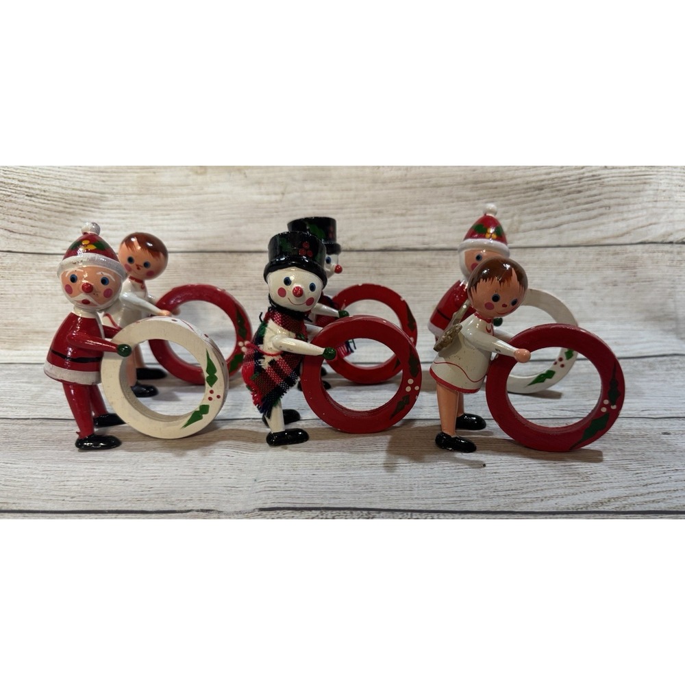 6 Vintage Vera Neumann Christmas Wood Napkin Ring Santa Snowman Angel Taiwan T11